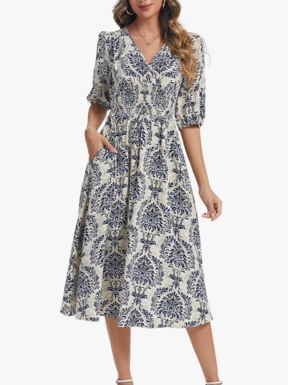KorMei Women's Blue & White Printed V-Neck Midi Dress
